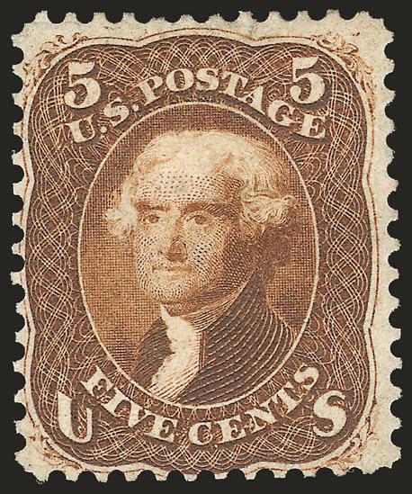 5c Brown, First Design (57).> Original gum, lightly hinged, intense shade and sharp impression, small closed tear at top right center<><>^FINE APPEARANCE. ONE OF ONLY SIXTEEN RECORDED EXAMPLES OF THE 5-CENT 1861
FIRST DESIGN WITH ORIGINAL GUM, AND