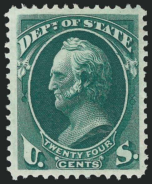 24c State (O65).> Original gum, single hinge mark, intense color and proof-like impression, huge margins, fresh and Extremely Fine Gem quality, with 1988 P.F. certificate
