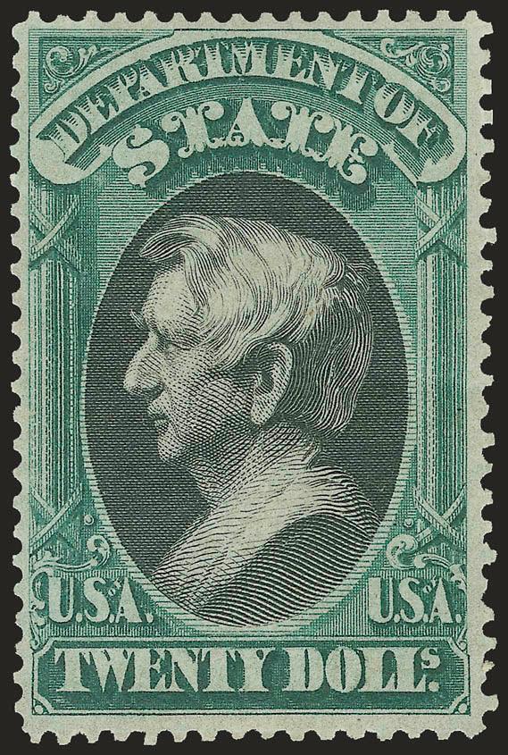 $20.00 State (O71).> Original gum, deep rich color and detailed impression<><>^VERY FINE AND CHOICE ORIGINAL-GUM EXAMPLE OF THE $20.00 STATE DEPARTMENT.^<><>With 1991 and 2005 P.F. certificates