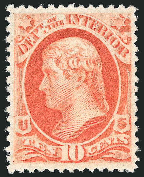 10c Interior, Soft Paper (O100).> Mint N.H., brilliant color on post-office fresh paper, beautifully centered, Extremely Fine Gem, with 2005 P.F. certificate