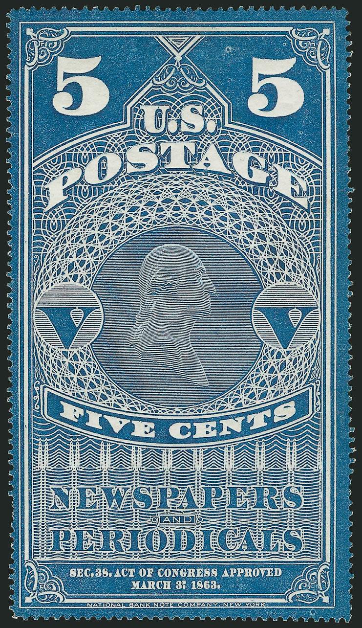 5c Dark Blue, Colored Border (PR1).> Without gum as issued, rich color, fresh and Very Fine, this large-format stamp is scarce in sound condition, with 2003 P.F. certificate
