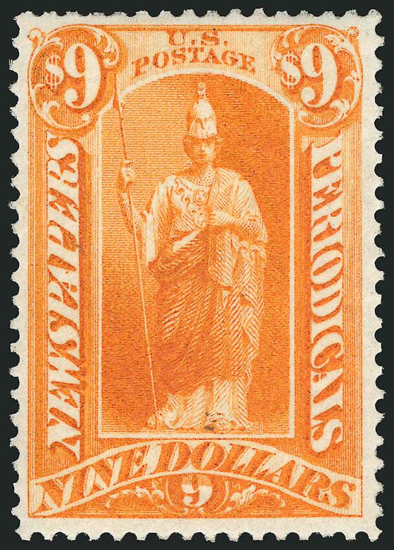 $9.00 Yellow, 1875 Issue (PR27).> Original gum, lightly hinged, vibrant color, choice centering<><>^EXTREMELY FINE. A BEAUTIFUL EXAMPLE OF THE $9.00 1875 ISSUE NEWSPAPER STAMP, SCOTT PR27.^<><>Sound,
original-gum and centered examples of high-den