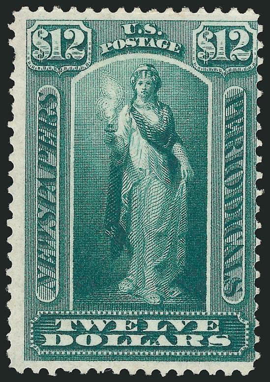 $12.00 Blue Green, 1875 Issue (PR28).> Unused (no gum), deep rich color on bright paper, pulled perf at left not mentioned on accompanying certificate, otherwise Fine, with 1989 P.F. certificate