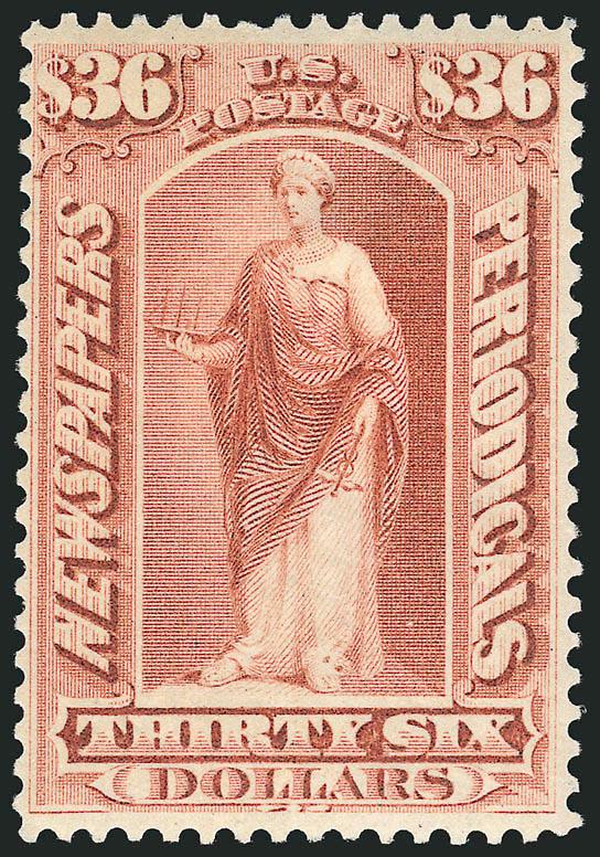$36.00 Brown Rose, 1875 Issue (PR30).> Original gum, paper h.r., bright shade, reperfed at left, thinned at center, Very Fine appearance, this scarce Newspaper issue is rarely found in sound and centered
condition (we have offered only three such exa