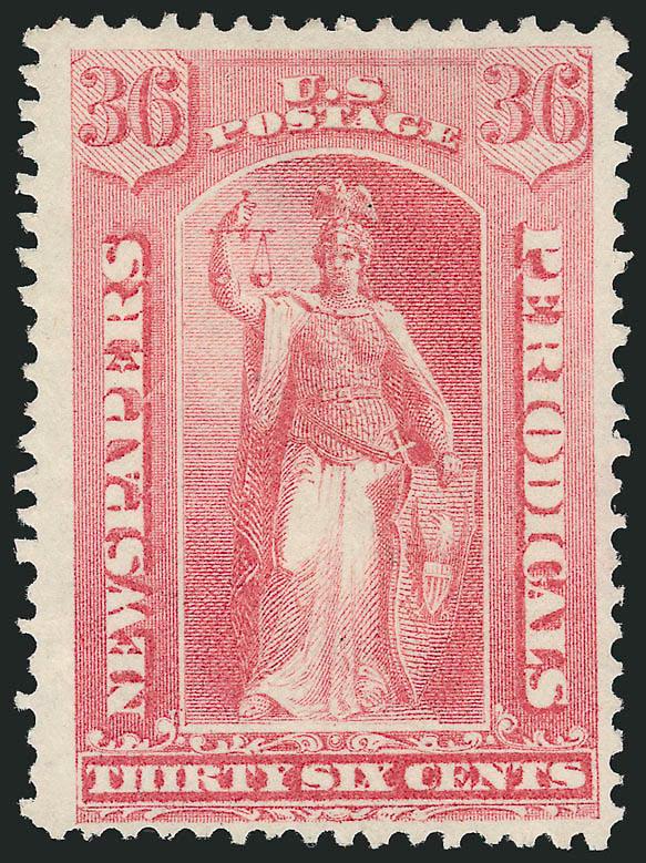 36c Pale Rose, 1875 Special Printing (PR42).> Without gum as issued, brilliant color in a pretty pastel shade<><>^VERY FINE EXAMPLE OF THE 36-CENT 1875 CONTINENTAL NEWSPAPER SPECIAL PRINTING.^<><>Only 330 sold.
It is difficult to obtain this issu