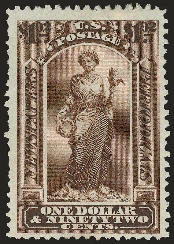 $1.92 Dark Brown, 1875 Special Printing (PR48).> Without gum as issued, intense color and proof-like impression on bright white paper, wide margins for this difficult issue<><>^VERY FINE. A BEAUTIFUL AND RARE
SOUND EXAMPLE OF THE 96-CENT NEWSPAPER