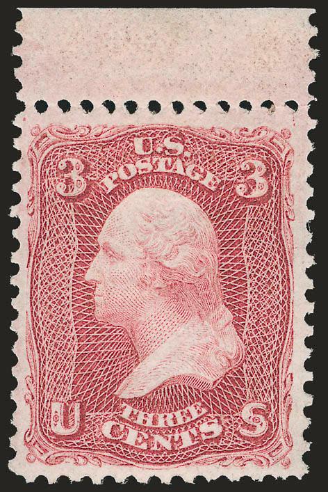 3c Lake (66).> Original gum, small h.r., <selvage at top,> wide margins, deep rich color and proof-like impression<><>^VERY FINE AND CHOICE. A BEAUTIFUL ORIGINAL-GUM EXAMPLE OF THE 3-CENT 1861 LAKE TRIAL PRINTING
WITH UNCOMMONLY WIDE MARGINS. A BEA