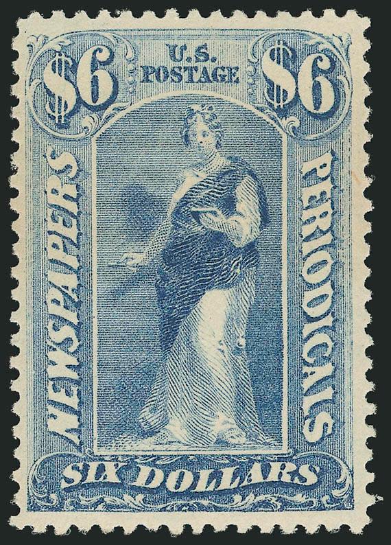 $6.00 Blue, 1879 Issue (PR73). Mint N.H.,> rich color on bright paper, wide margins<><>^EXTREMELY FINE. ONE OF THE FINEST MINT NEVER-HINGED EXAMPLES OF THE SCARCE $6.00 1879 AMERICAN NEWSPAPER ISSUE.^<><>Ex
Vineyard. With 2002 P.F. and 2005 P.S.E