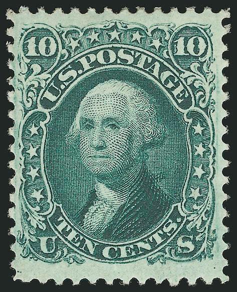 10c Yellow Green, TAG Double Transfer (68 var).> Original gum, deep shade on bright fresh paper, wide margins<><>^EXTREMELY FINE ORIGINAL-GUM EXAMPLE OF THE 10-CENT 1861 ISSUE WITH DOUBLE TRANSFER. AN EXTREMELY
SCARCE STAMP IN THIS SUPERIOR GRADE