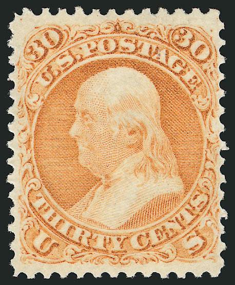30c Orange (71).> Original gum, choice centering for this difficult issue, vivid color in a bright vibrant shade<><>^EXTREMELY FINE GEM. A SUPERB ORIGINAL-GUM EXAMPLE OF THE 30-CENT 1861 ISSUE, WITH WONDERFUL
GUM, CENTERING, COLOR AND PERFORATIONS.