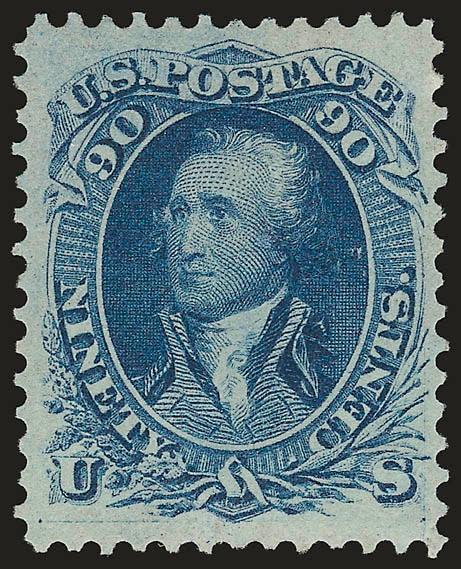 90c Blue (72).> Original gum, lightly hinged, brilliant color, well-proportioned margins<><>^EXTREMELY FINE. A BEAUTIFUL ORIGINAL-GUM EXAMPLE OF THE 90-CENT 1861 ISSUE. A REMARKABLY FRESH STAMP.^<><>With 2002
P.F. certificate