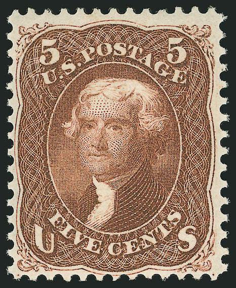 5c Red Brown (75).> Original gum, incredibly vibrant color and proof-like impression on brilliant paper, choice centering<><>^VERY FINE AND CHOICE. A RARE ORIGINAL-GUM EXAMPLE OF THE 5-CENT 1862 ISSUE IN THE RED
BROWN SHADE. A STAMP OF PHENOMENAL C
