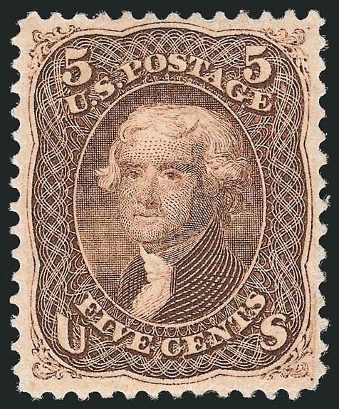 5c Brown (76).> Original gum, lightly hinged, brilliant color, well-balanced margins<><>^EXTREMELY FINE. A BEAUTIFULLY CENTERED AND UNUSUALLY FRESH ORIGINAL-GUM EXAMPLE OF THE 1863 5-CENT BROWN.^<><>The 5c
1861-68 Issue was printed from plates wi