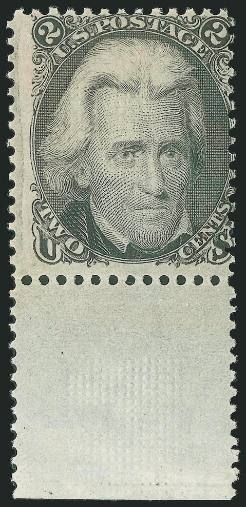 2c Black, D. Grill (84).> Bottom sheet margin, original gum, clear and sharp grill points with second impression of grill in selvage, centered to right<><>^VERY GOOD. A RARE AND PRESENTABLE ORIGINAL-GUM EXAMPLE
OF THE 1868 2-CENT D GRILL.^<><>As