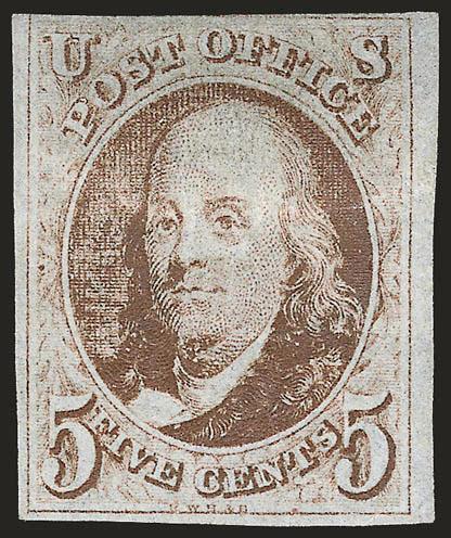 5c Red Brown (1).> Original gum, h.r., three full to large margins, clear to just in at top, rich color<><>^A FINE ORIGINAL-GUM EXAMPLE OF THE 5-CENT 1847 ISSUE.^<><>With 2002 P.F. certificate