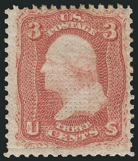 3c Rose, Z. Grill (85C).> Original gum, clear grill points, deep rich color, horizontal crease at bottom<><>^FINE APPEARANCE. A RARE ORIGINAL-GUM EXAMPLE OF THE 1868 3-CENT Z GRILL.^<><>Excluding the supremely
rare grills -- 5c and 30c A Grill, 3
