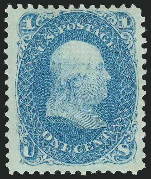 1c Blue, E. Grill (86).> Original gum, lightly hinged, bright blue color and proof-like impression on fresh paper, clear grill points<><>^VERY FINE AND CHOICE. THE 1868 ONE-CENT E GRILL IS FAR SCARCER THAN ITS
F-GRILL COUNTERPART, PARTICULARLY IN O