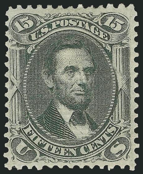 15c Black, E. Grill (91).> Original gum, clearly-defined grill, pretty shade<><>^VERY FINE AND CHOICE. A RARE ORIGINAL-GUM EXAMPLE OF THE 1868 15-CENT E GRILL.^<><>As an indication of the rarity of 15c E Grill
stamps with original gum, the Scott