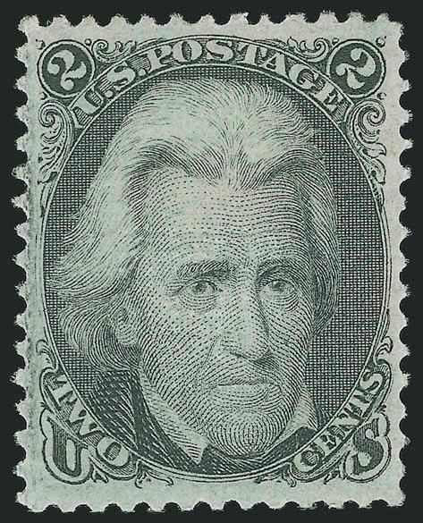 2c Black, F. Grill (93).> Original gum, lightly hinged, clearly-defined grill, choice centering with wide margins, marvelous dark shade and detailed impression<><>^EXTREMELY FINE. A BEAUTIFUL ORIGINAL-GUM EXAMPLE
OF THE 1868 2-CENT F GRILL. SCARCE
