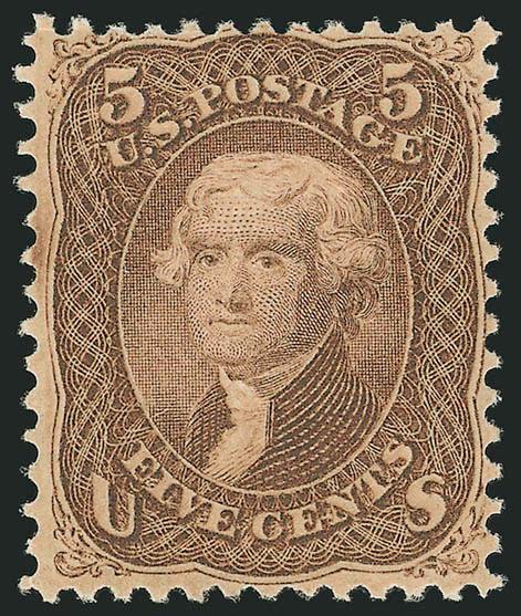 5c Brown, F. Grill (95).> Original gum, lightly hinged, unusually clear grill, deep rich color<><>^VERY FINE AND CHOICE ORIGINAL-GUM EXAMPLE OF THE 1868 5-CENT F GRILL.^<><>The spacing on the 5c plate was quite
narrow. The outer portions of the d