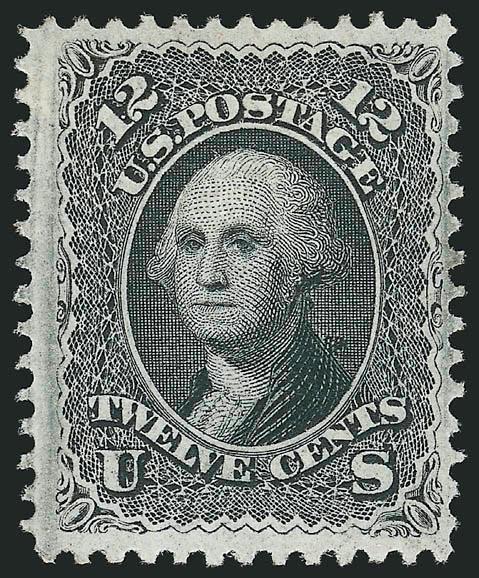 12c Black, F. Grill (97).> Original gum, clear and complete grill impression, intense shade and detailed impression, long and full perforations<><>^VERY FINE AND CHOICE. A BEAUTIFUL ORIGINAL-GUM EXAMPLE OF THE
1868 12-CENT F GRILL.^<><>With 2000