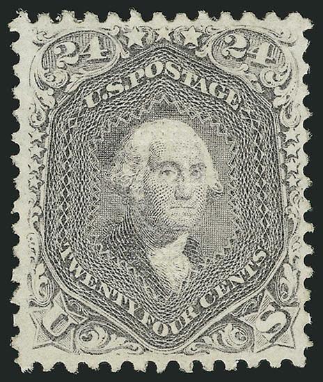 24c Gray Lilac, F. Grill (99).> Original gum, clearly-defined grill, rich color and detailed impression<><>^EXTREMELY FINE ORIGINAL-GUM EXAMPLE OF THE 1868 24-CENT F GRILL.^<><>The higher-denomination F Grills
were produced in limited quantities
