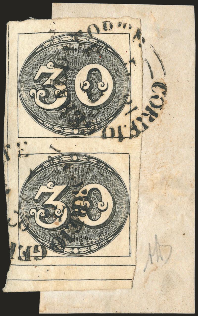 1843, 30r Black, Intermediate Impression (1).> 2nd Composite Plate, State D, Positions 713, vertical pair with huge margins showing outer framelines at left and bottom and <interpanneau dividing line at bottom,>
tied by two strikes of Correio Geral