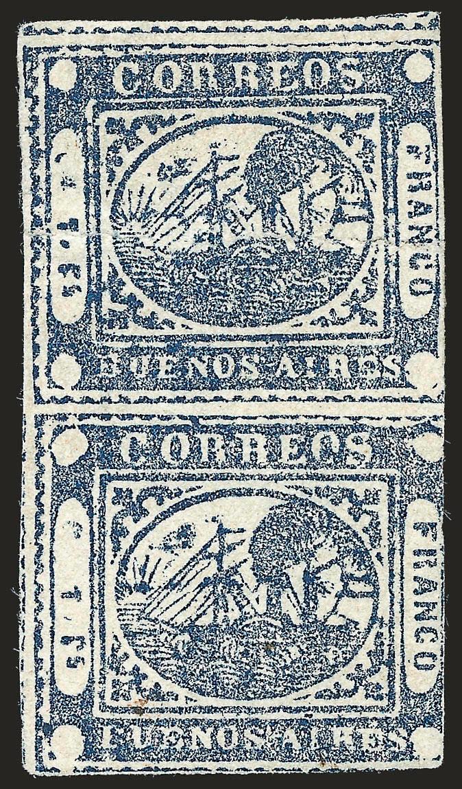 1859, 1p (To rs) Blue (8).> Vertical pair, unused (no gum), large margins to slightly in, horizontal crease and small faults, still Fine appearance and a very scarce unused multiple