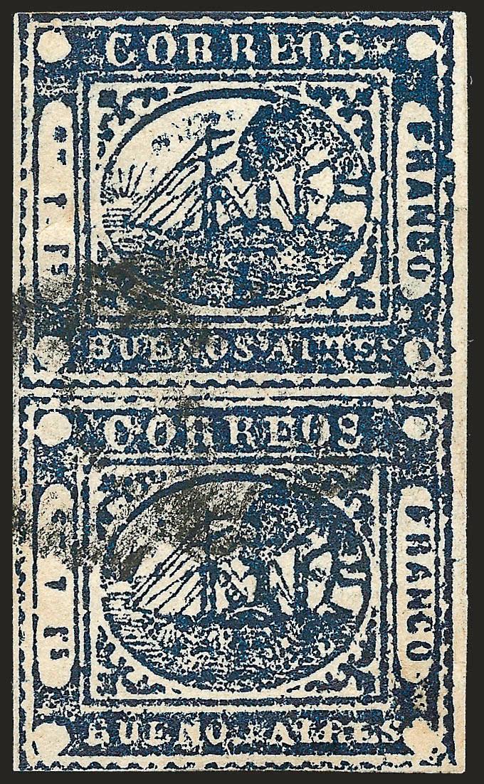 1859, 1p (To rs) Blue (8).> Vertical pair, three clear to large margins, touched at top but frameline complete, <<ponchito>> cancel, dark shade, Very Fine, a choice and scarce used multiple of the To
Peso
