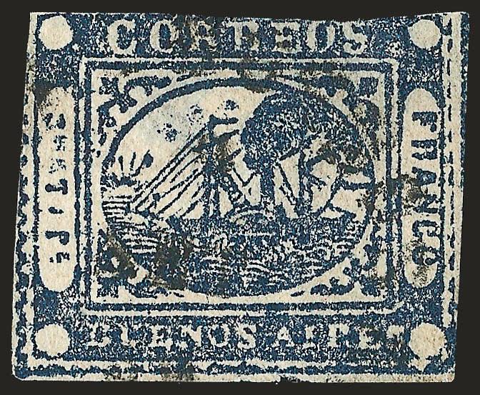 1859, 1p (To rs) Blue (8). Cuato rs variety> with letters partly printed, cut in, faults, rare