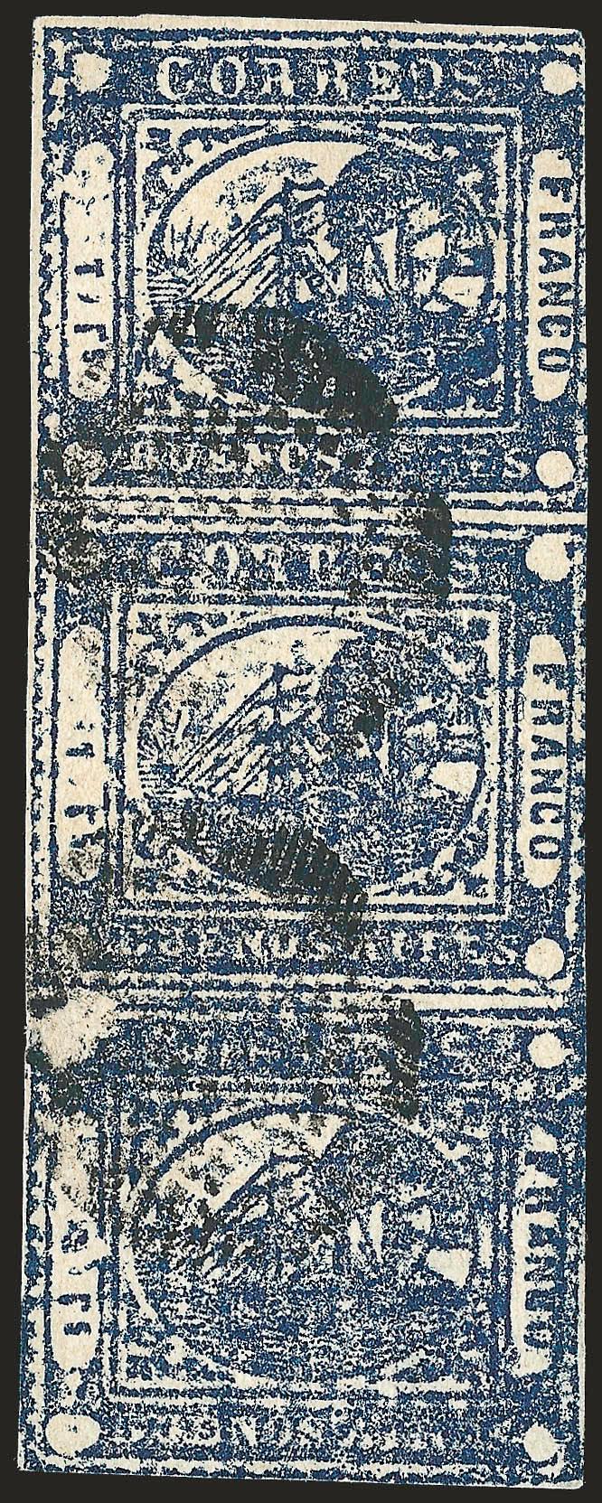 1859, 1p (To rs) Blue (8).> Vertical strip of three, ample margins to slightly in at right, <<ponchito>> cancels, Fine-Very Fine, the largest recorded cancelled multiple is this strip of three