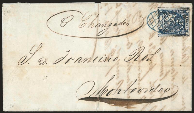 1859, 1p (To rs) Blue (8).> Huge top and bottom margins showing parts of adjoining stamps, large to clear at sides, dark shade, tied by <blue Estafeta Central oval grid> on undated folded letter <to Montevideo,
Uruguay,> senders routing <<p Cha