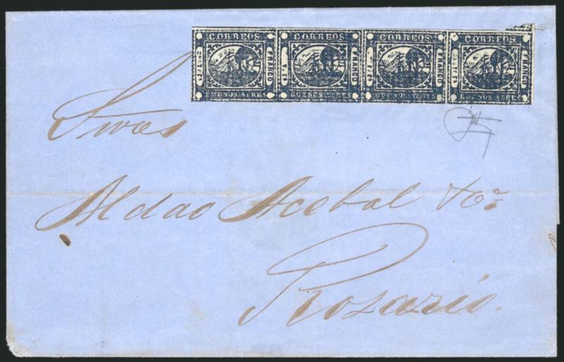 1859, 1p (To rs) Blue (8).> Horizontal strip of four, lefthand stamp shows <Cuato rs variety> with uncleared letters, large margins to clear at bottom, beautiful dark shade, <uncancelled> on blue folded cover
from Buenos Aires to Rosario, receipt