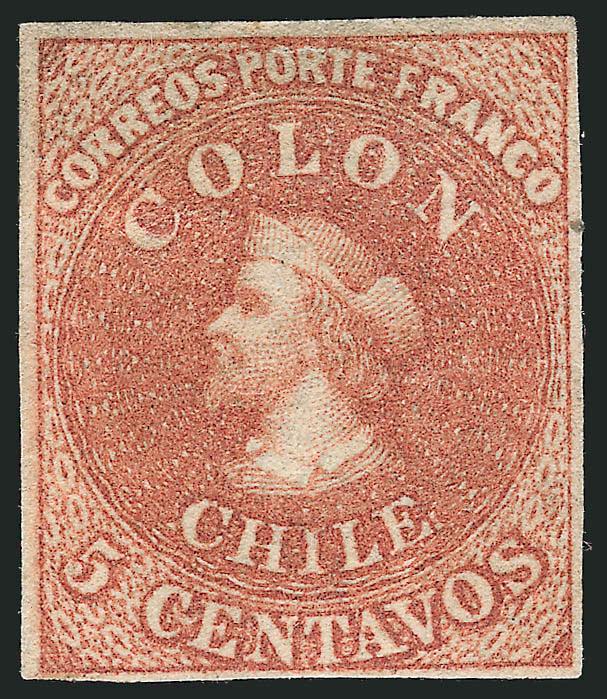 1854, 5c Red Brown, Lithograph (7a).> Part original gum, three large margins and full at bottom, rich color and exceptionally fresh<><>^VERY FINE. THE 5-CENTAVOS LITHOGRAPH IS EXCEEDINGLY RARE IN ORIGINAL-GUM
CONDITION.^<><>This is certainly one
