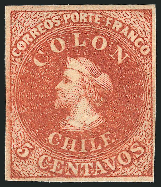 1854, 5c Deep Red Brown, Lithograph (7b).> Unused (no gum), large margins, intense shade and impression on bright fresh paper<><>^EXTREMELY FINE GEM. ONE OF THE FINEST UNUSED EXAMPLES OF THE 5-CENTAVOS
LITHOGRAPH WE HAVE EVER ENCOUNTERED, POSSESSIN