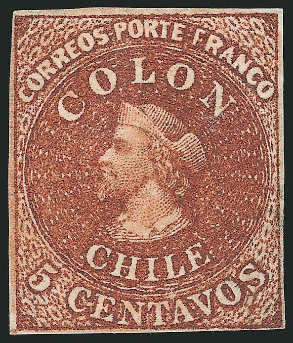 1854, 5c Chocolate Brown, Lithograph (7d).> Unused (no gum), ample margins to clear at bottom right, intense color in the true Chocolate Brown shade (arguably Deep Chocolate Brown), proof-like impression which
gives every appearance of a recess-print