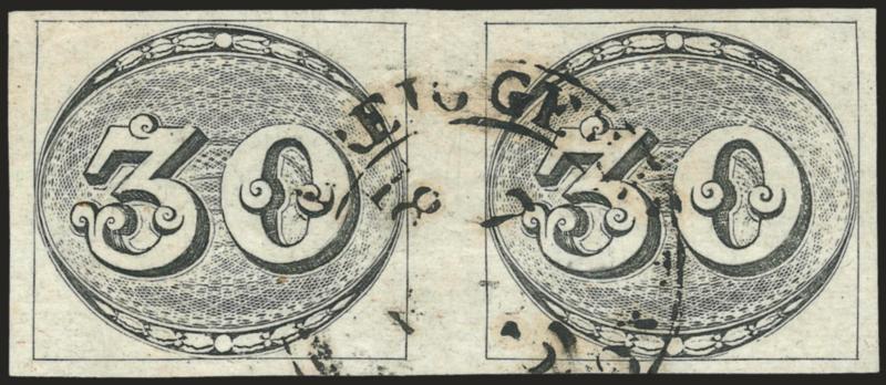 1843, 30r Black, Late Impression (1).> Horizontal pair, large margins, lightly struck Correio Geral da Corte 721845 circular datestamp, faint wrinkles show only when drying, still Very Fine, ex Lima, Meyer Euros
1,900