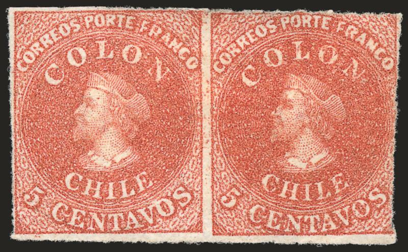 1854, 5c Orange Brown, Lithograph (7c).> Horizontal pair, unused (no gum), beautiful bright Rose Brown shade, margins mostly clear to large except at right where cut in<><>^THIS PAIR IS THE ONLY RECORDED UNUSED
MULTIPLE OF THE 5-CENTAVOS LITHOGRAPH