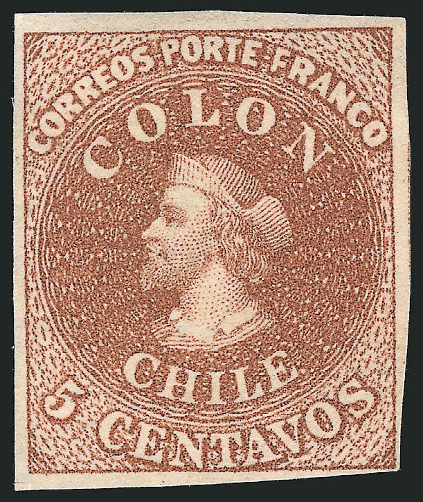 1854, 5c Brown, Lithograph (7).> Unused (no gum), large margins almost entirely around, well clear at lower right, proof-like impression in a beautiful deep shade, tiny scissors-cut in bottom margin at left (far
from design)<><>^VERY FINE. A CHOICE
