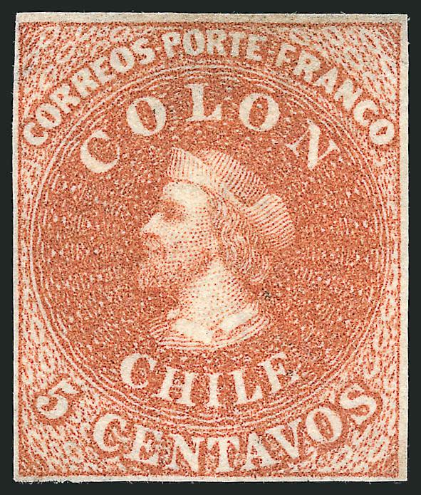 1854, 5c Red Brown, Lithograph (7a).> Unused (no gum), ample margins all around, small thin at top left, Very Fine appearance, scarce