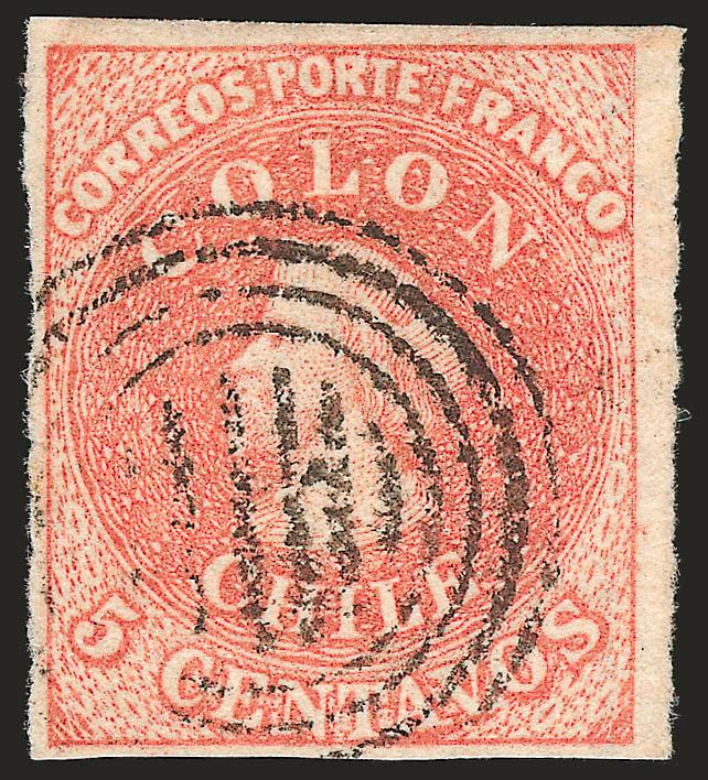 1854, 5c Rose, Lithograph (7 shade variety).> Large to huge margins all around, distinctive bright Rose shade which is not listed in Scott but recognized by specialists, neat four-ring cancel, faint crease,
Extremely Fine appearance, reported to be t