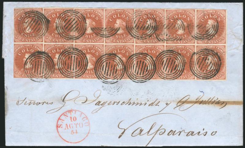 1854, 5c Red Brown, Lithograph (7a).> Horizontal block of fourteen, large even margins on three sides, touched to slightly in at left, beautiful rich color and proof-like impression, tied by multiple strikes of
four-ring cancel, red Santiago 10 Agto