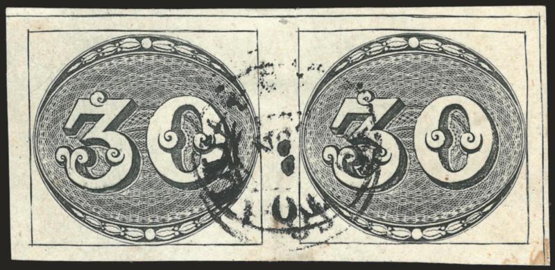 1843, 30r Black, Intermediate Impression (1).> 1st Composite Plate, State D, Positions 5-6, horizontal pair, huge margins all around with complete outer lines at top and right, small double-circle datestamp,
small thins and faint ink spots, Extremely