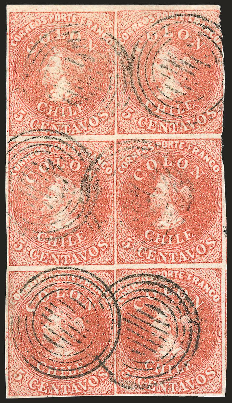 1854, 5c Orange Brown, Lithograph (7c).> Vertical block of six from the top left corner of the sheet, large margins except at upper right where slightly irregular, cancelled by light strikes of four-ring target,
bright color and very fresh<><>^FINE