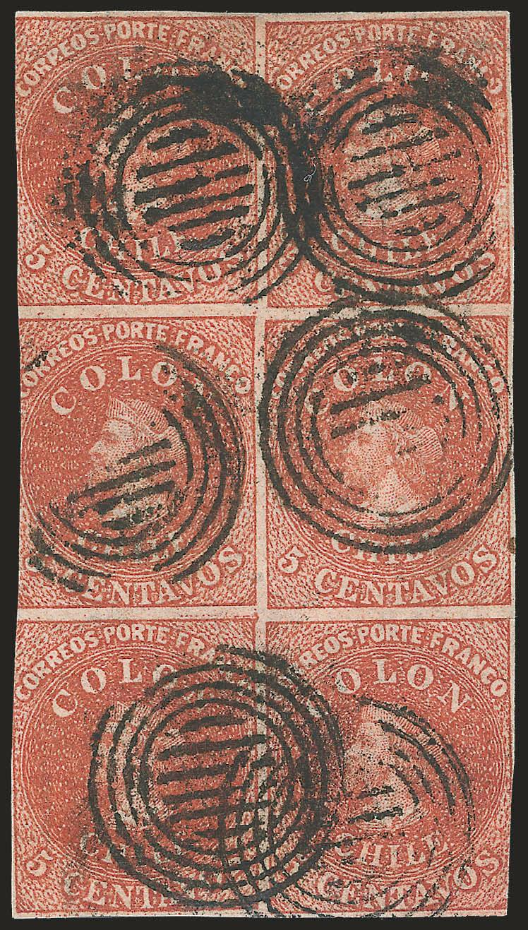 1854, 5c Red Brown, Lithograph (7a).> Vertical block of six, large margins to slightly in at sides, deep rich color, four-ring cancels, knife cut at right and small tear at left<><>^FINE APPEARANCE. ONE OF THREE
RECORDED BLOCKS OF THE 5-CENTAVOS LI