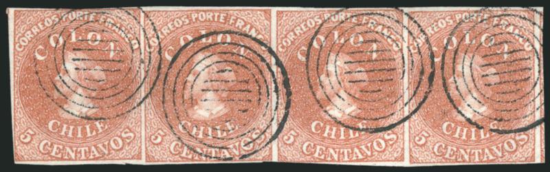 1854, 5c Pale Brown, Lithograph (7).> Horizontal strip of four, large margins to just touched, neat strikes of four-ring cancel, lovely shade and fine impression<><>^FINE-VERY FINE. A RARE MULTIPLE OF THE
5-CENTAVOS LITHOGRAPH AND ESPECIALLY DESIRA