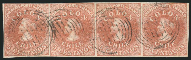 1854, 5c Pale Brown, Lithograph (7).> Horizontal strip of four, large margins to just touched, light strikes of four-ring cancel, attractive shade, very faint wrinkles<><>^FINE-VERY FINE. ONE OF THE CHOICEST
STRIPS OF THE 5-CENTAVOS LITHOGRAPH EXTA