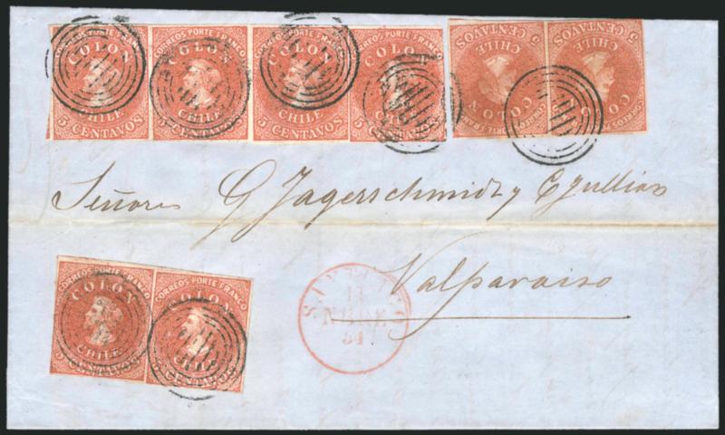 1854, 5c Orange Brown, Lithograph (7c).> Horizontal strip of four and two pairs (one pair in a different shade) tied by four-ring cancel, red Santiago 14 Nbre 54 circular datestamp on blue folded letter to
Valparaiso, from the Jagerschmidt & Jullia