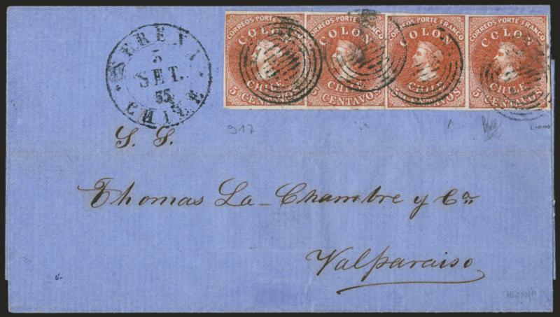 1854, 5c Red Brown, Lithograph (7a).> Horizontal strip of four, large margins all around, intense shade and proof-like impression, tied by four strikes of four-ring cancel, Serena Chile 3 Set. 55 double-circle
datestamp on deep blue folded cover to