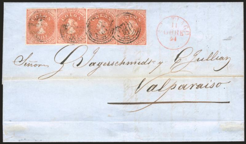1854, 5c Orange Brown, Lithograph (7c).> Horizontal strip of four, huge margins on three sides, barely in at right, bright Rose Brown shade and clear impression, cancelled by light strikes of four-ring cancel
(not tied), red Santiago 11 Obre 54 cir